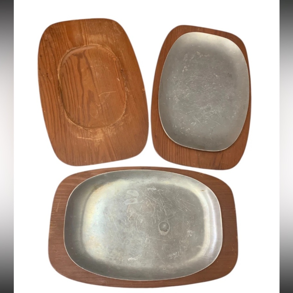 AC Fabricators Sizzling Steak Platter + Dk Wood Tray Gardena California MCM 60s